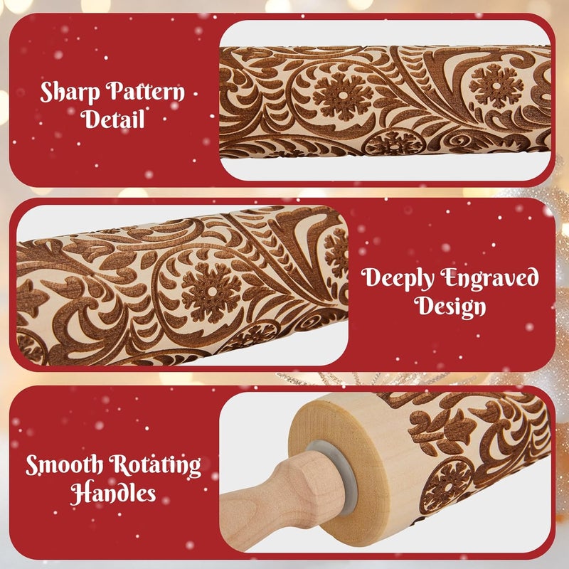 GOBAM Embossed Rolling Pin for Cookies, Engraved Wooden Rolling Pin for Baking, Deep Pattern Cookie Roller for Christmas, Holiday, DIY Kitchen Decor and Gift - Snowflake - Image 3
